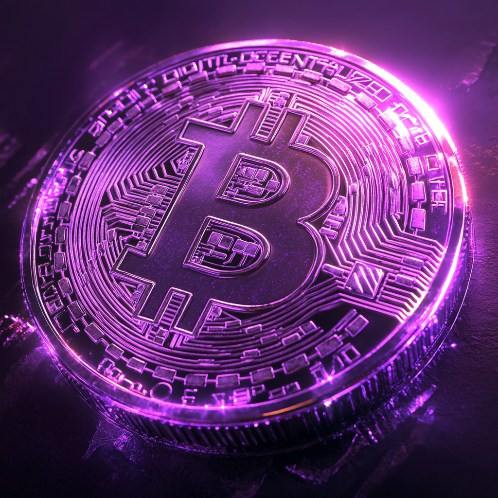 mayo203 A Glowing Purple BitCoin coin futureistic Unreal engine 00d68cd9 7037 4ef0 b982 9a5b05aeb167 - PURPLE BITCOIN